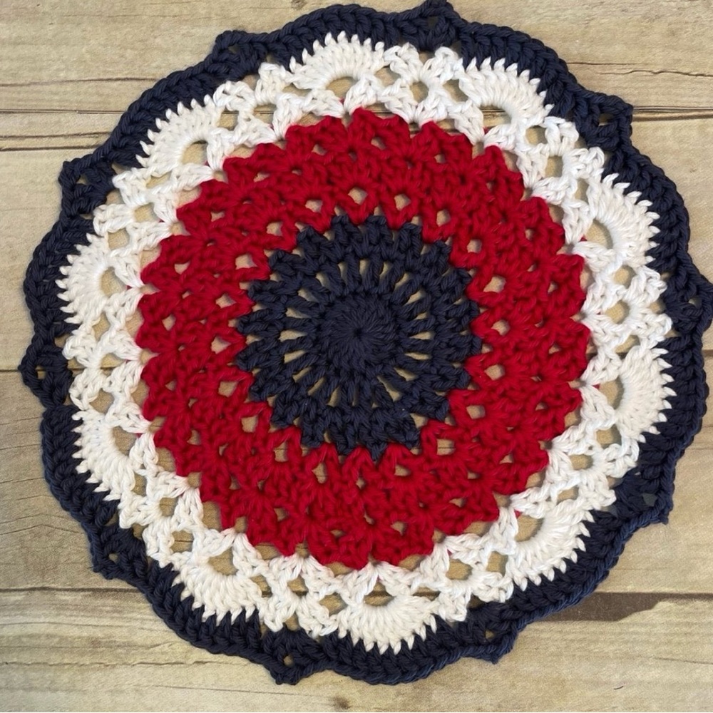 12 Inch Red White & Dark Blue Cotton Doily Americana Decor Centerpiece - Picture 2 of 3